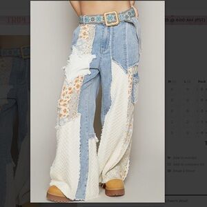 POL Blue and Cream Patchwork Flare Jeans